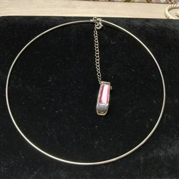 Silver Tone Pink Pendant Necklace & Stud Earrings Vintage Costume Jewelry #98 - Picture 5 of 7